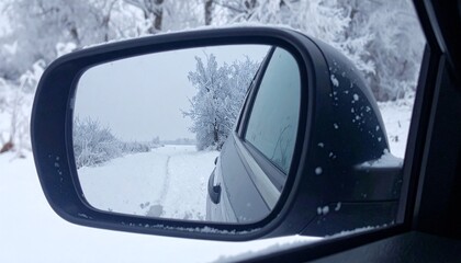 Naklejka premium Snowy road seen through a car's side mirror, showing a winter landscape with tire tracks in the snow