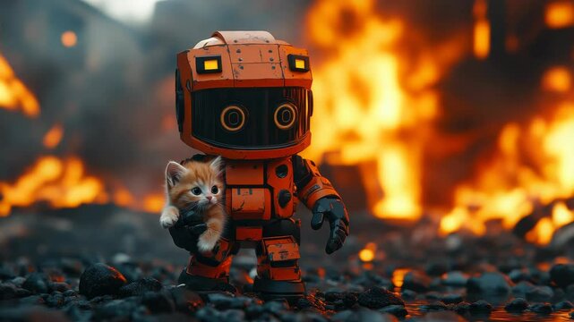 Futuristic robot saving a small kitten from a fire, symbolizing artificial intelligence in emergency rescue. Advanced robotics ensuring safety and protection in disaster scenarios