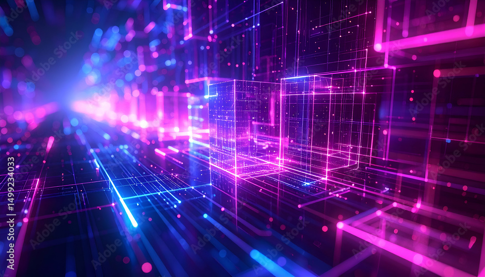 Poster neon purple wireframe visualization of quantum computing