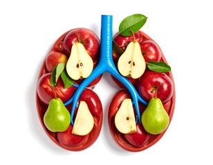 Creative arrangement of fruits resembling lungs on a white background with blue veins. Includes red apples, green pears, and leaves. Healthy eating concept