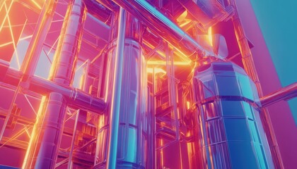 Fototapeta premium Futurystyczna architektura przemysłowa, rury, neonowe światła, abstrakcja