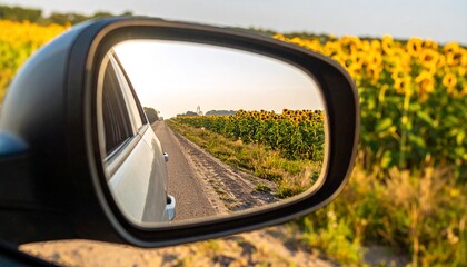 Sunlit rural road reflected in a car's side mirror, flanked by a vibrant sunflower field
