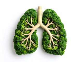 An artistic representation of lungs formed by broccoli florets on a white background showing concept of healthy eating for breathing