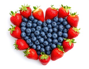 Heart-shaped arrangement of vibrant red strawberries and dark blue blueberries on white. High-angle studio shot. Focus on freshness and organic elements