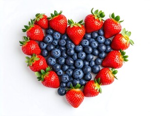 Heart-shaped arrangement of red [fruit type] and blue [fruit type] against a white background