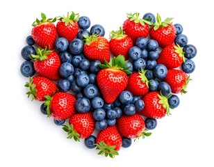 Heart-shaped arrangement of fresh berries on a white background. Vivid red and blue colors create a vibrant and healthy food concept