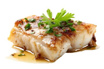 Delicious pan seared cod fillet with lemon butter sauce and fresh parsley garnish on a transparent background vector Concept of healthy eating, gourmet cuisine, and seafood