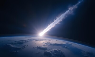 Blue globe of Earth in the vast universe with comet asteroid light on the horizon