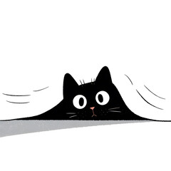 A flat illustration of a cute black cartoon cat with round eyes peeking from under a blanket-like shadow on a white surface.