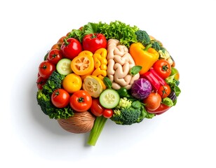 Brain shape crafted from colorful vegetables against a white background depicting healthy eating