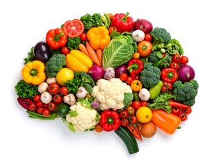 Colorful assortment of fresh vegetables artfully arranged in the shape of a brain on a white background. Representing healthy eating and mental well-being