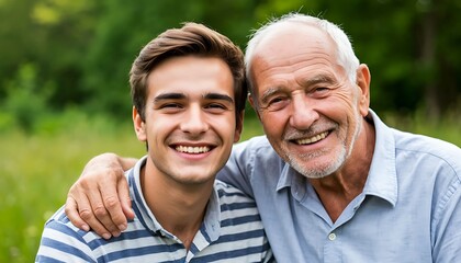Fototapeta premium smiling father and son young man and elderly together in nature father's day concept of generational bonding and family legacy