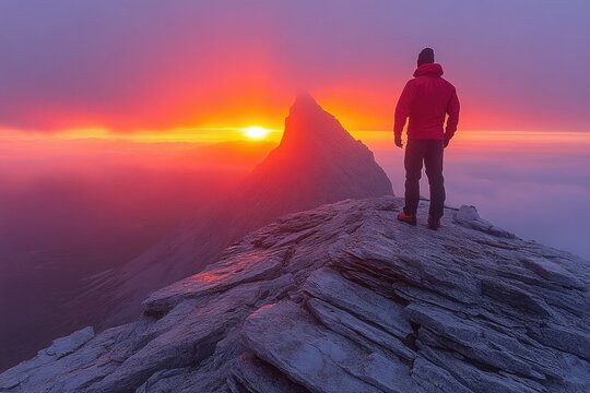Man in red jacket watches sunrise atop a rocky mountain peak. Great for motivational content, ambition and adventure themes.