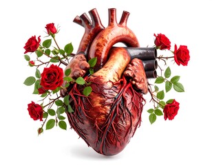 Realistic anatomical heart adorned with red roses isolated on a clean white background, symbolizing love and life with vibrant contrast