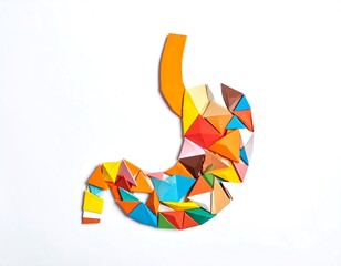 Abstract origami stomach illustration with colorful geometric shapes on a white background top view. Digestive health concept
