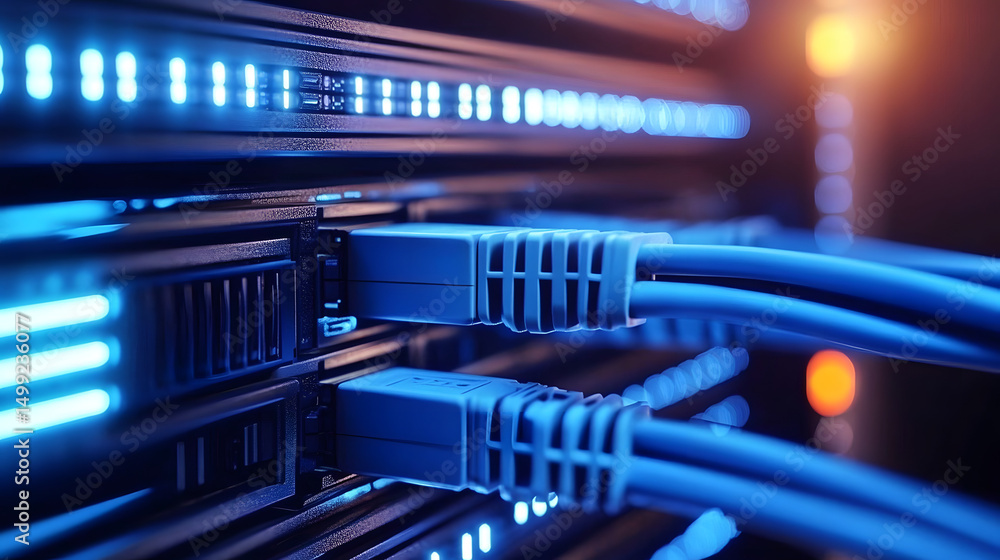 Poster close-up view of blue ethernet cables connected to a server rack, showcasing data center technology 