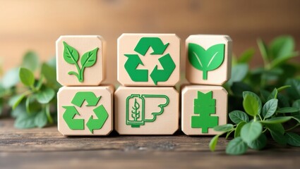 Wooden blocks with green recycling symbols on a wooden surface.