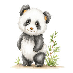 Obraz premium Watercolor panda stands near bamboo shoots against a white background.