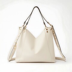 Elegant off-white leather handbag, shoulder straps and metallic details