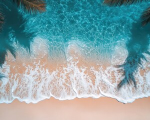 Aerial view of clear turquoise ocean waves washing onto the sandy beach. Use this image to evoke summer vibes, relaxation, or travel plans.