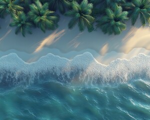Aerial shot of tropical beach with palm trees and ocean waves. Use for travel, vacation, relaxation, or coastal lifestyle designs.