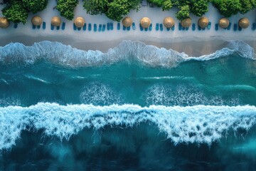 Aerial view of a tropical beach with turquoise water and beach chairs. Great for travel, vacation, or summer-themed designs.