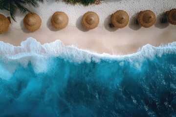 Top-down shot of straw umbrellas, waves, and pristine beach sand. Use for travel brochures or advertise tropical vacation destinations.