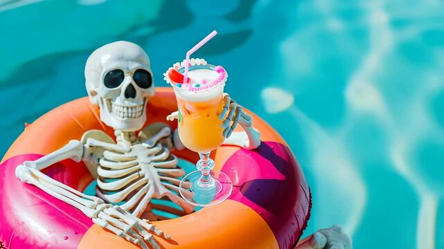 Skeleton with sunglasses enjoys refreshing cocktail while floating on inflatable ring in pool, Summerween
