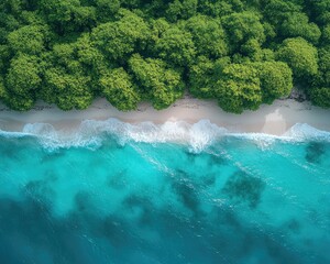 Aerial view of vibrant turquoise ocean, white sand beach, and green trees. Ideal for travel ads, wallpapers, or showcasing natural beauty images.