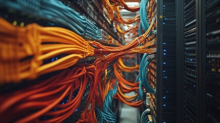 Colorful Network Cables Connected in a Data Center Server Room