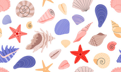 Seamless pattern Sea shells. Mollusks, sea spiral snail, starfish. Ocean exotic underwater seashells background. Hand drawn vector illustration 