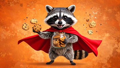 A cartoon raccoon hero, wearing a red cape, holds a cookie jar and cookies float around it, set against an orange backdrop