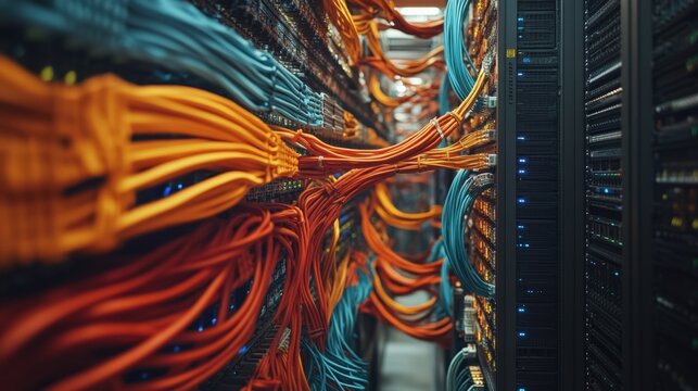 Colorful Network Cables Connected in a Data Center Server Room