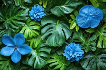 Vibrant green Monstera leaves are paired with bold, blue floral accents. Great for botanical designs, spring marketing, or tropical-themed backgrounds.