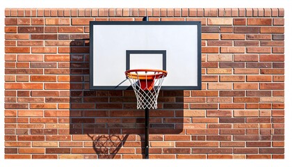 A close-up shot of a basketball hoop affixed to a textured brick wall. The sunlight creates a shadow