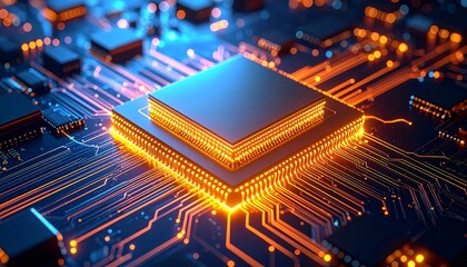 A close-up showcasing a central processing unit (CPU) with intricate circuits and glowing pathways, symbolizing data processing and technology