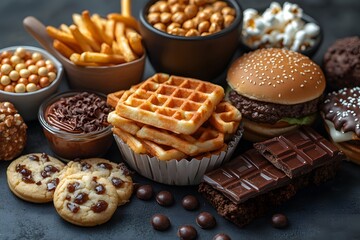 Tempting array of junk food: Waffles, burger, fries, chocolate,