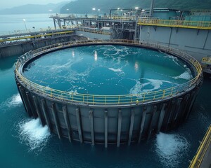 Large water treatment plant with big tanks and metal structures. Use for illustrating water purification, industry, & environmental technologies.