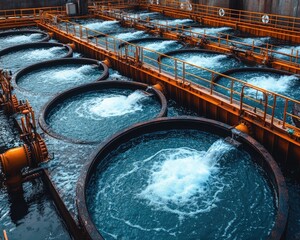 Circular tanks, water treatment facility, industrial scene, orange accents. Use to illustrate infrastructure, water management, or environmental themes.