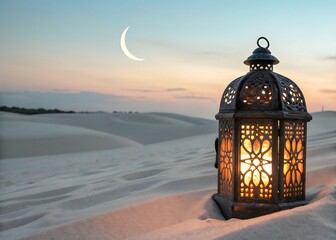 Elegant Crescent Moon and Lantern with Candlelight – Islamic Themed Night Scene