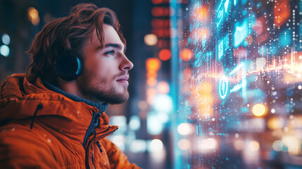 Obraz premium A man wearing headphones focuses intently on a glowing digital interface in an urban setting.