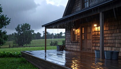 A cozy, weathered wooden house is bathed in a heavy rain shower with illuminated porch lights. The rain glistens on the deck