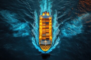 Cargo ship sails the dark blue sea, leaving a bright foamy wake. Use this as a metaphor for global trade or modern transportation.