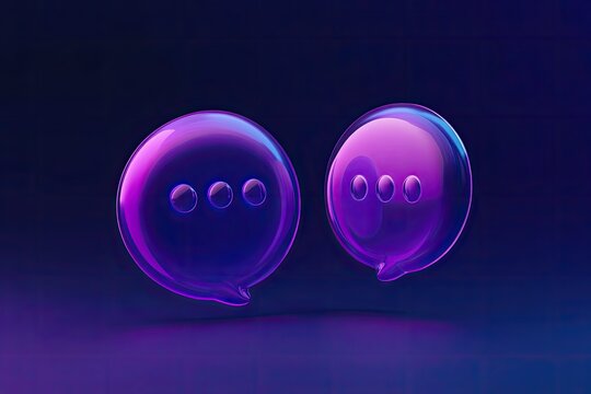 Two glossy, translucent speech bubbles, purple and pink, with three ellipses each, rest on a dark background with subtle lighting effects