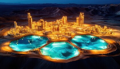 Aerial view of a brightly illuminated oil refinery at night with mountains. Perfect for illustrating energy, industry, and global resource management topics.