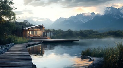Fototapeta premium A serene lakeside cabin surrounded by mountains and lush greenery at sunset.