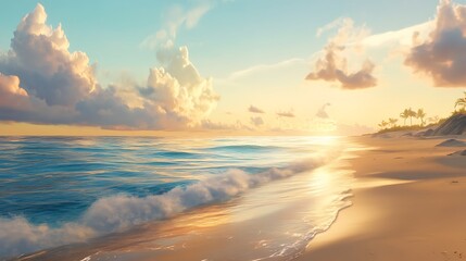 Fototapeta premium A serene beach scene at sunset with gentle waves and soft clouds.