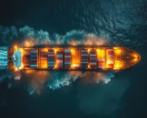 Cargo ship sailing, top view with many containers and wave. Perfect for illustrating global trade and shipping business needs.