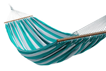 Striped turquoise hammock with wooden frame, inviting relaxation and summer vibes on a transparent background vector Concept of leisure, vacation, and tranquility