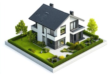 Two-story modern house with landscaped yard, isometric view